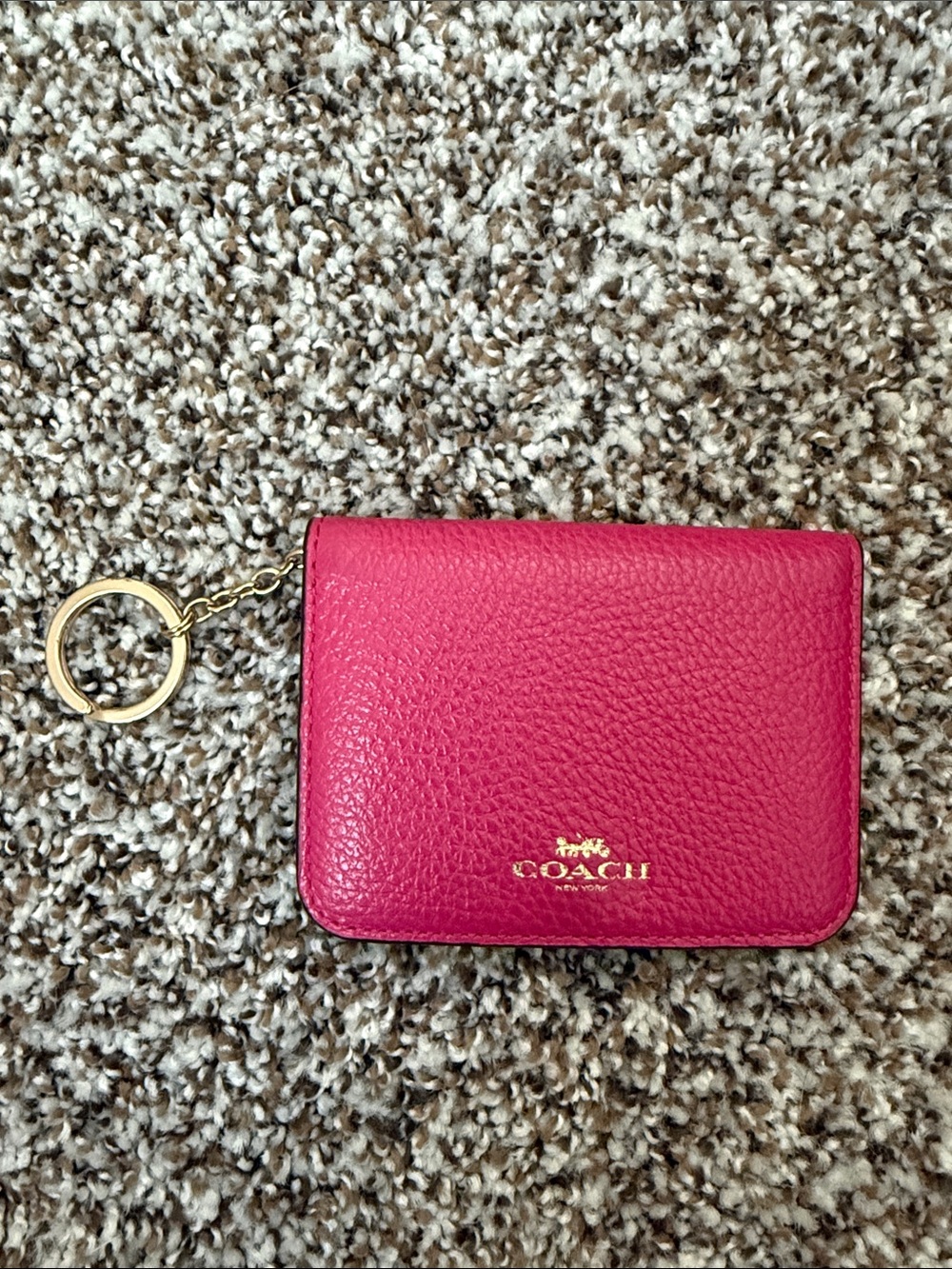 Coach Pebble Leather Key & Card Holder - Fuchsia with Gold Hardware